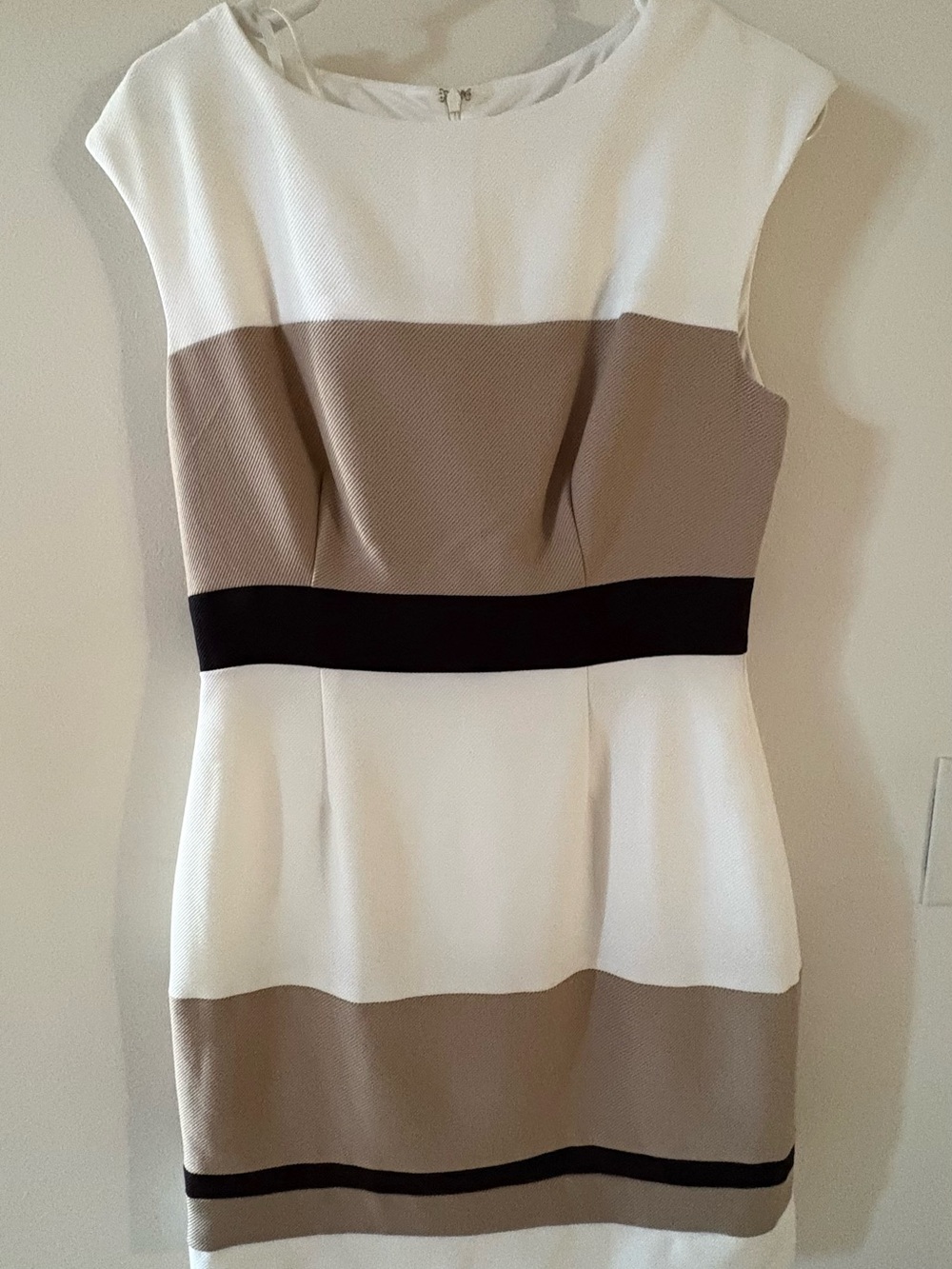 Sleeveless White and Taupe Colorblock Sheath Dress